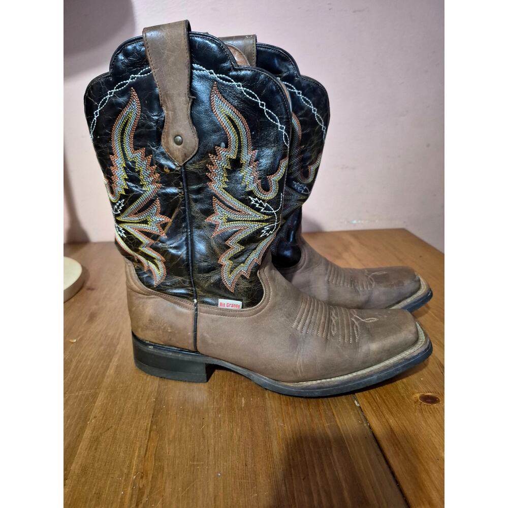 Rio Grande Leather Square Toe Cowboy boots Mens Size 8 black tan and red